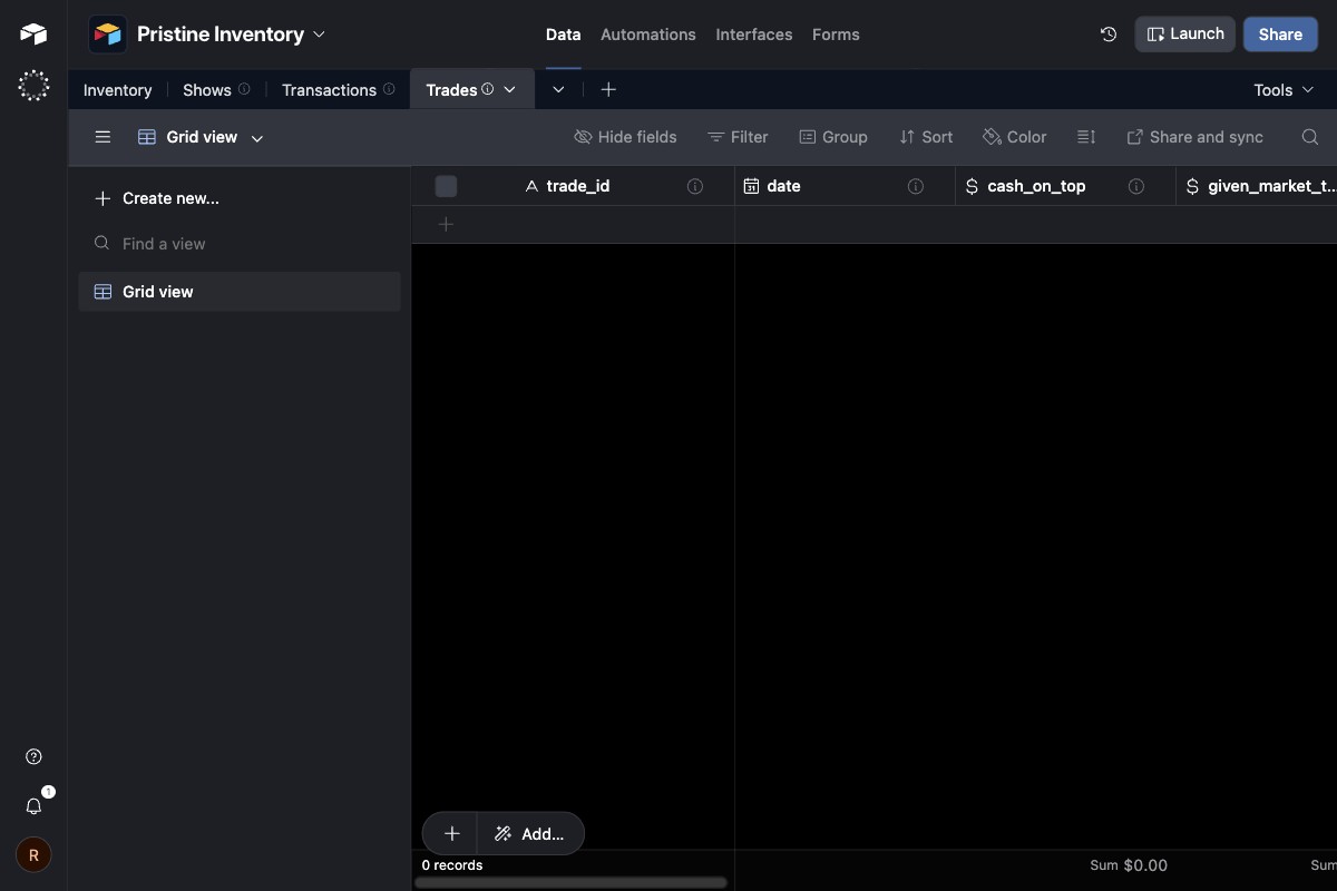 Airtable Trades table
