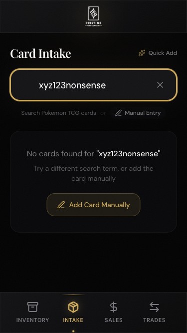 Empty search state with Add Card Manually button