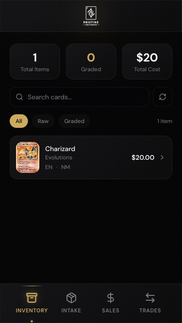 Inventory page with stats, filters, and card list