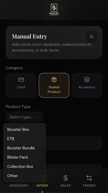 Manual entry form with Sealed Product category selected